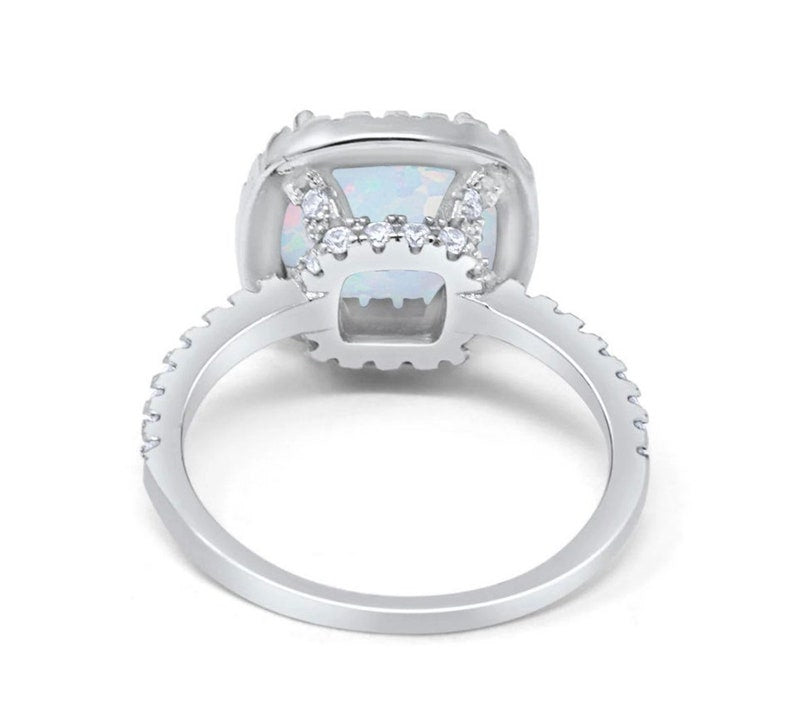 Art Deco Fire Opal Halo Ring: Sterling Silver Engagement Ring