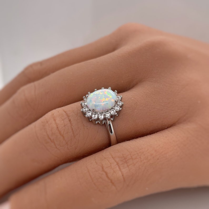 Oval Opal Halo Engagement Ring, Art Deco Opal Engagement Ring Wedding Ring, Oval Opal Proposal Ring, Statement Opal Ring