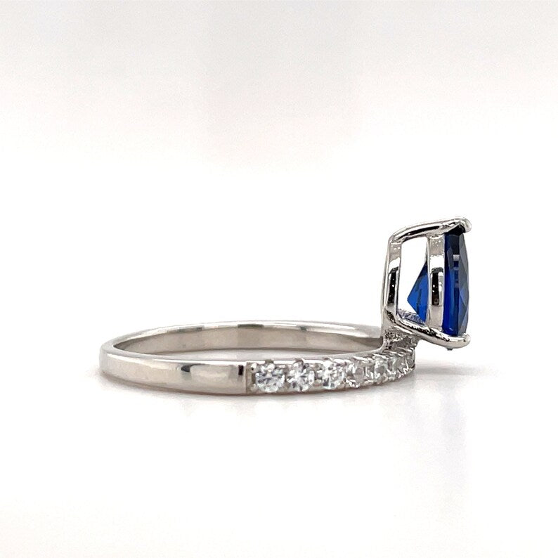 Pear Solitaire Ring, Teardrop Blue Sapphire Ring, Simulated Diamond Pear Sapphire Statement Anniversary Ring, Sterling Silver, Custom Stone