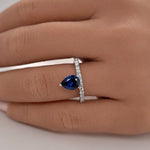 Load image into Gallery viewer, Pear Solitaire Ring, Teardrop Blue Sapphire Ring, Simulated Diamond Pear Sapphire Statement Anniversary Ring, Sterling Silver, Custom Stone