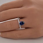 Load image into Gallery viewer, Pear Solitaire Ring, Teardrop Blue Sapphire Ring, Simulated Diamond Pear Sapphire Statement Anniversary Ring, Sterling Silver, Custom Stone
