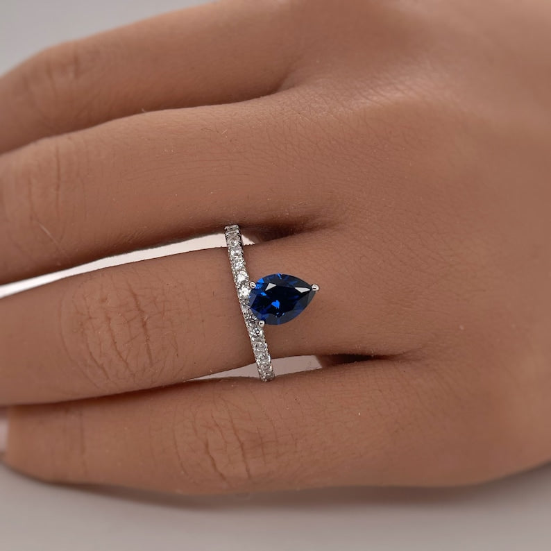 Pear Solitaire Ring, Teardrop Blue Sapphire Ring, Simulated Diamond Pear Sapphire Statement Anniversary Ring, Sterling Silver, Custom Stone
