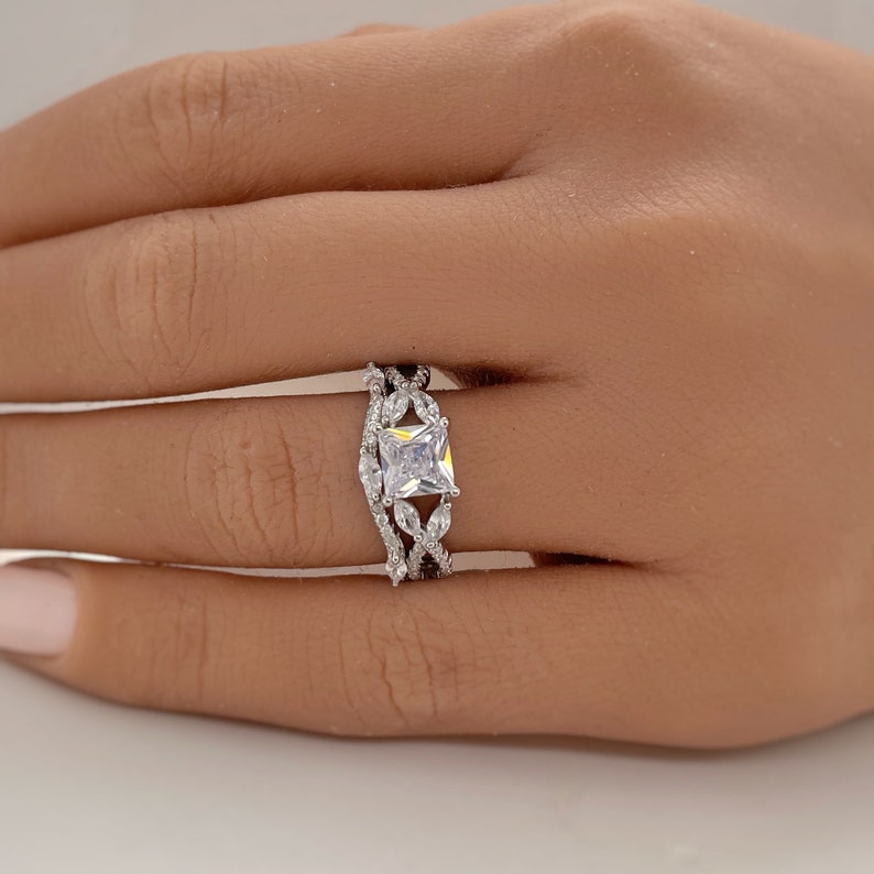 Princess Cut Diamond Art Deco Engagement Ring Set, Square Diamond with Marquise Band, Wedding Ring Art Deco Set Twisted Band Infinity Band
