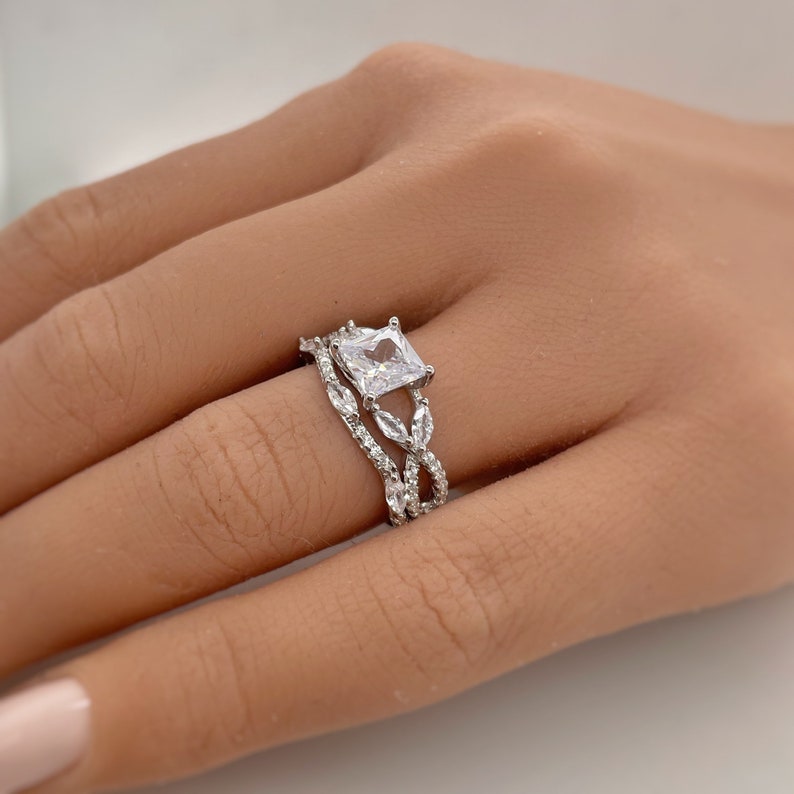 Princess Cut Diamond Art Deco Engagement Ring Set, Square Diamond with Marquise Band, Wedding Ring Art Deco Set Twisted Band Infinity Band