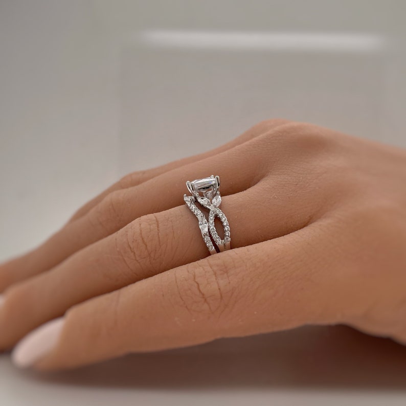Princess Cut Diamond Art Deco Engagement Ring Set, Square Diamond with Marquise Band, Wedding Ring Art Deco Set Twisted Band Infinity Band