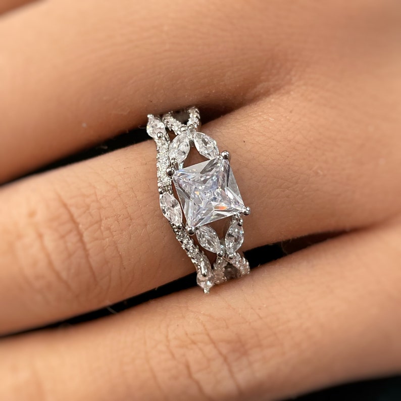 Princess Cut Diamond Art Deco Engagement Ring Set, Square Diamond with Marquise Band, Wedding Ring Art Deco Set Twisted Band Infinity Band
