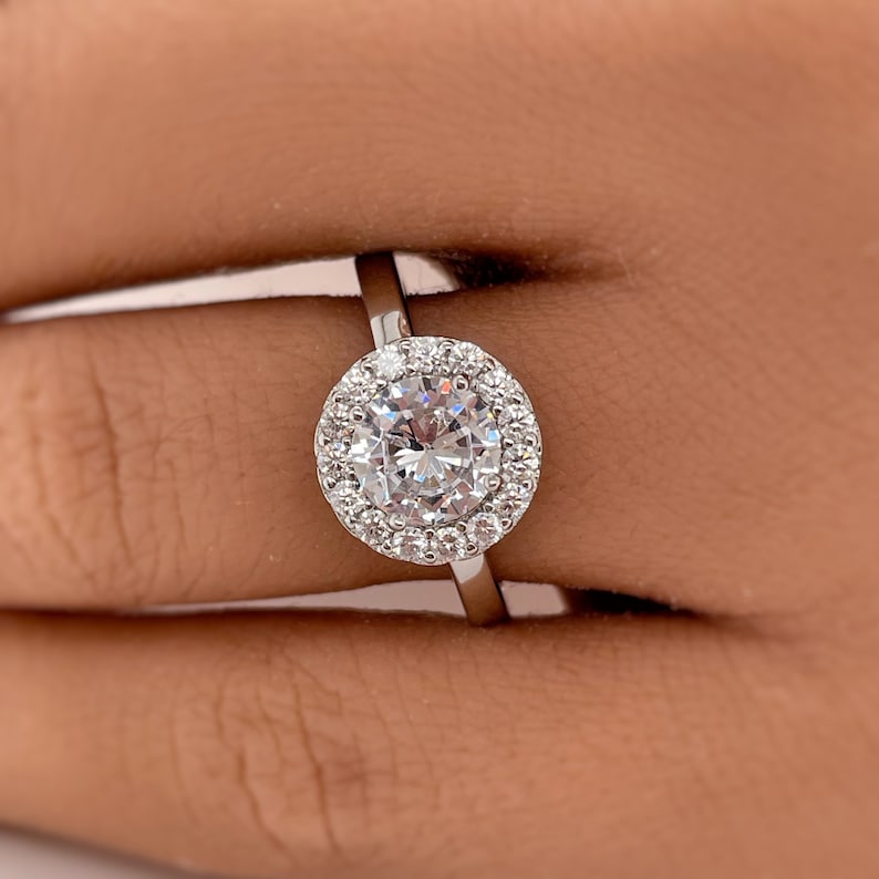 1.00ct Diamond Engagement Ring, Sterling Silver, Classic Halo Engagement Ring, Minimalist Solitaire Proposal Ring, Sterling Silver /Vermeil