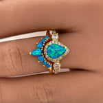 Load image into Gallery viewer, Blue Opal Engagement Ring Set, Art Deco Fitted Blue Opal Ring Set, Opal Bridal Set, Wedding Ring Opal Band, Pear Opal Ring