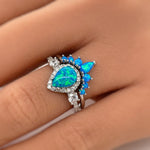 Load image into Gallery viewer, Blue Opal Engagement Ring Set, Art Deco Fitted Blue Opal Ring Set, Opal Bridal Set, Wedding Ring Opal Band, Pear Opal Ring
