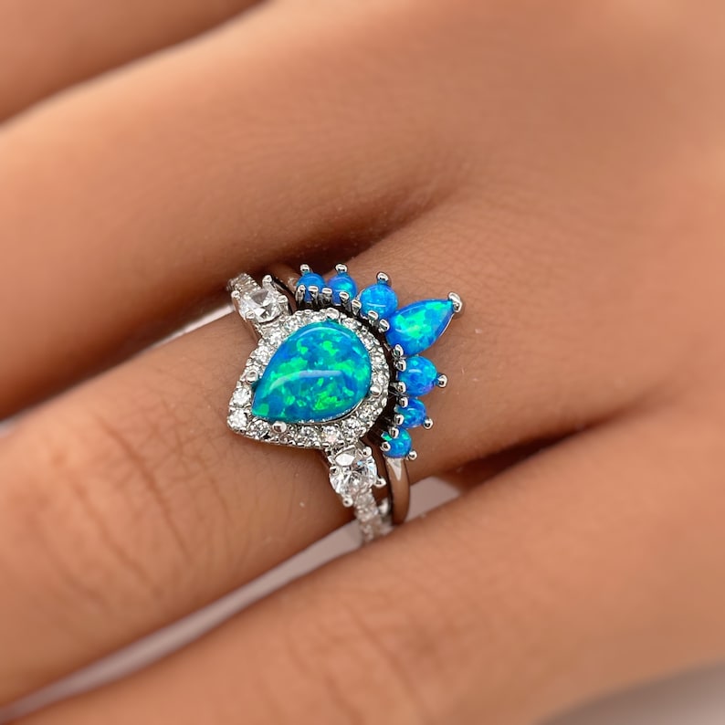 Blue Opal Engagement Ring Set, Art Deco Fitted Blue Opal Ring Set, Opal Bridal Set, Wedding Ring Opal Band, Pear Opal Ring