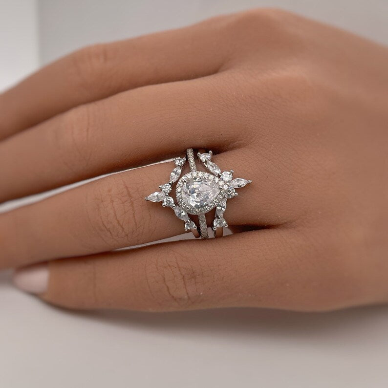1.00ct Pear Halo Ring Set, 3 Ring Set, Art Deco Pear Marquise Bands, Teardrop Engagement Ring Set, Wedding Set Sterling Silver with Vermeil