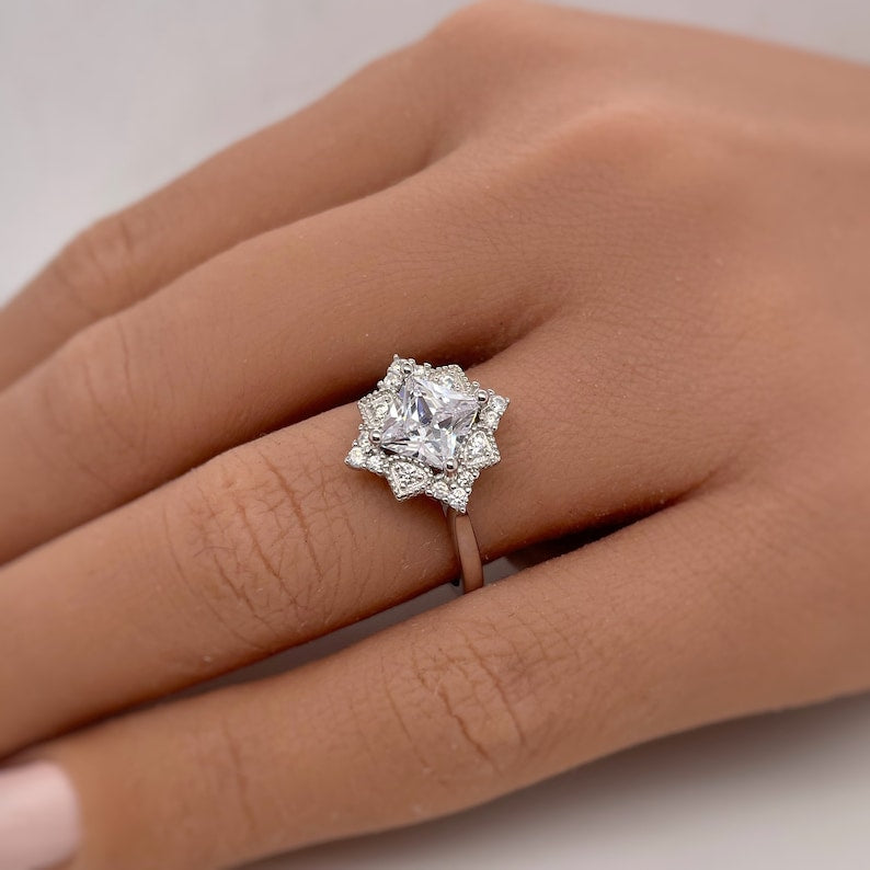 Art Deco Princess Engagement Ring, Princess Diamond, Square Antique Cluster Ring, Wedding Ring Princess Engagement Ring