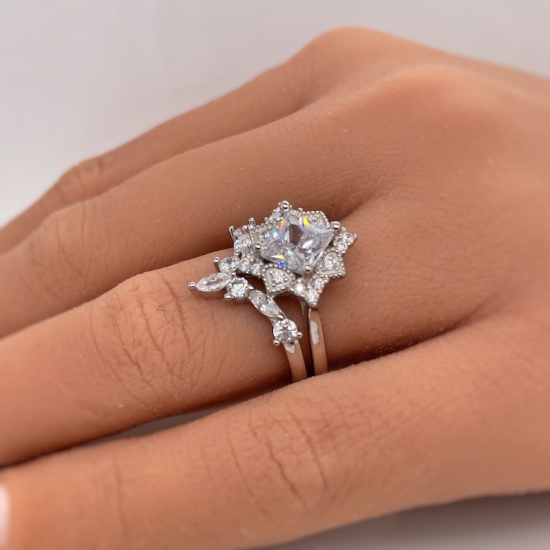 Art Deco Princess Engagement Ring, Princess Diamond, Square Antique Cluster Ring, Wedding Ring Princess Engagement Ring