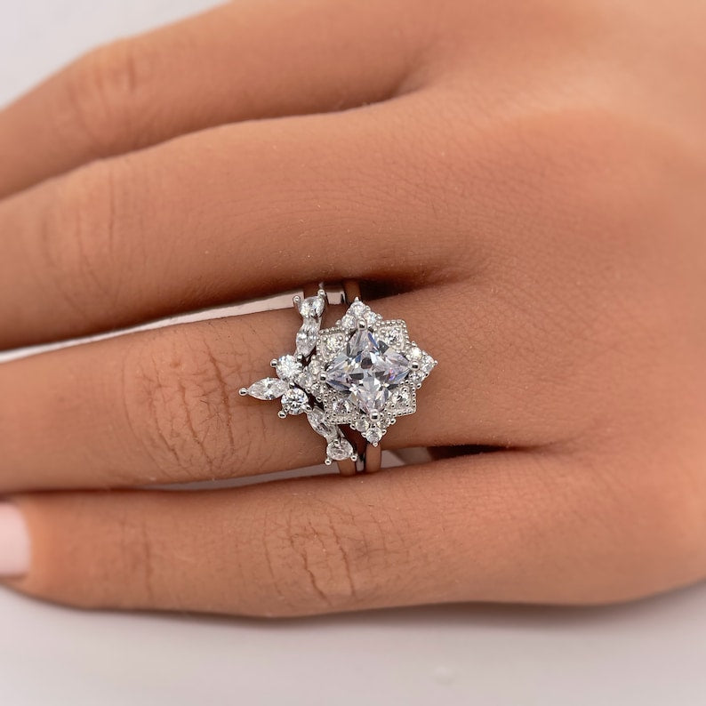 Art Deco Princess Engagement Ring, Princess Diamond, Square Antique Cluster Ring, Wedding Ring Princess Engagement Ring
