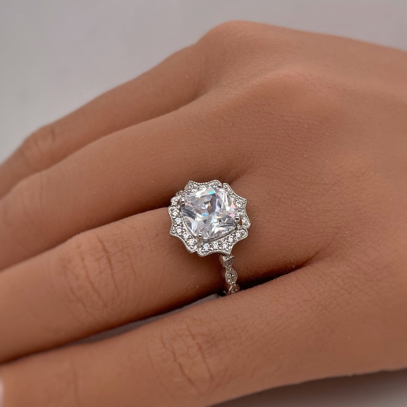 Art Deco Cushion Engagement Ring, Cushion Cut Diamond, Antique Ring, Wedding Ring, Art Deco Halo Proposal Ring