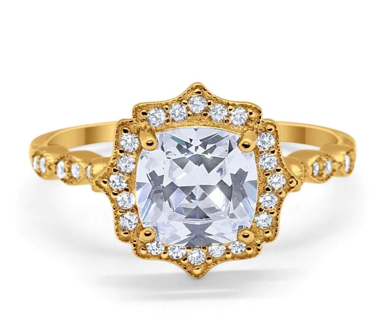 Art Deco Cushion Engagement Ring, Cushion Cut Diamond, Antique Ring, Wedding Ring, Art Deco Halo Proposal Ring
