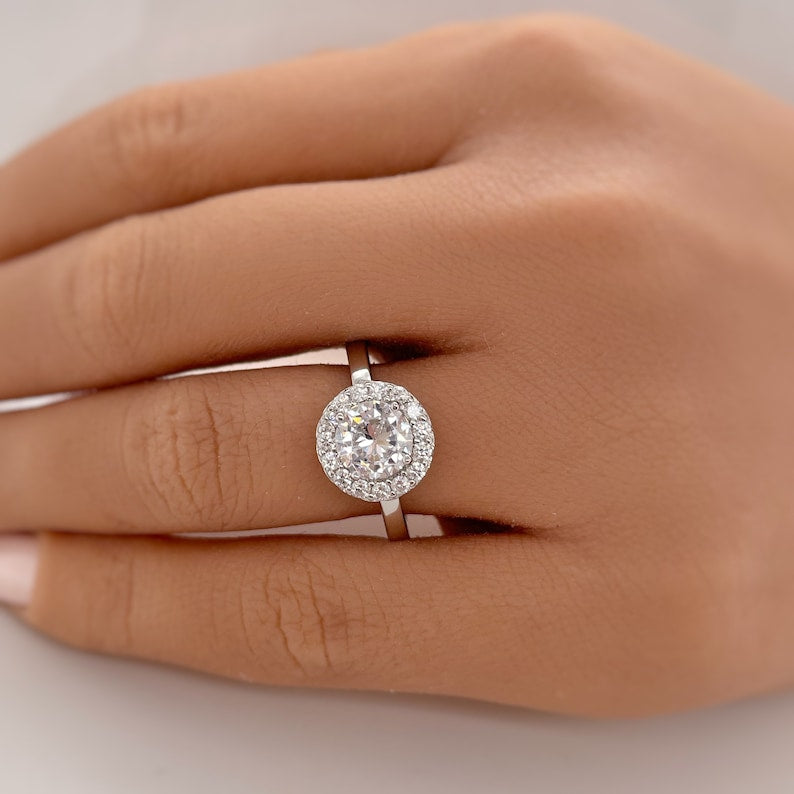 1.00ct Diamond Engagement Ring, Sterling Silver, Classic Halo Engagement Ring, Minimalist Solitaire Proposal Ring, Sterling Silver /Vermeil