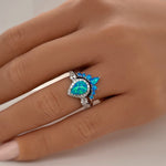 Load image into Gallery viewer, Blue Opal Engagement Ring Set, Art Deco Fitted Blue Opal Ring Set, Opal Bridal Set, Wedding Ring Opal Band, Pear Opal Ring