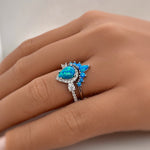 Load image into Gallery viewer, Blue Opal Engagement Ring Set, Art Deco Fitted Blue Opal Ring Set, Opal Bridal Set, Wedding Ring Opal Band, Pear Opal Ring