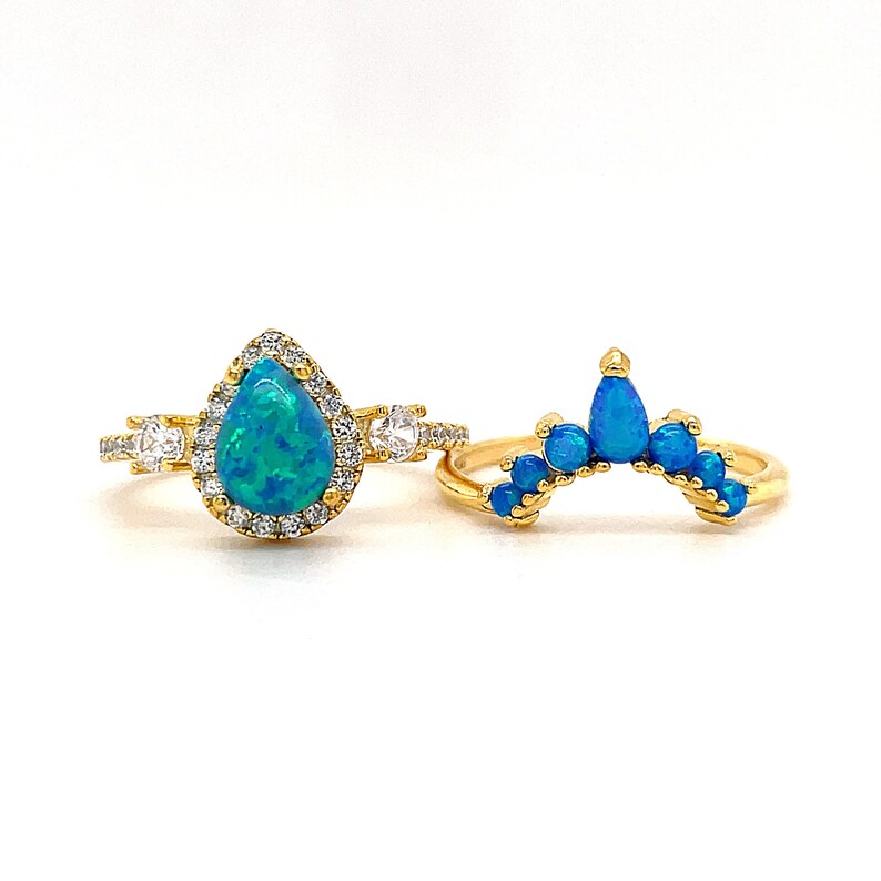 Blue Opal Engagement Ring Set, Art Deco Fitted Blue Opal Ring Set, Opal Bridal Set, Wedding Ring Opal Band, Pear Opal Ring