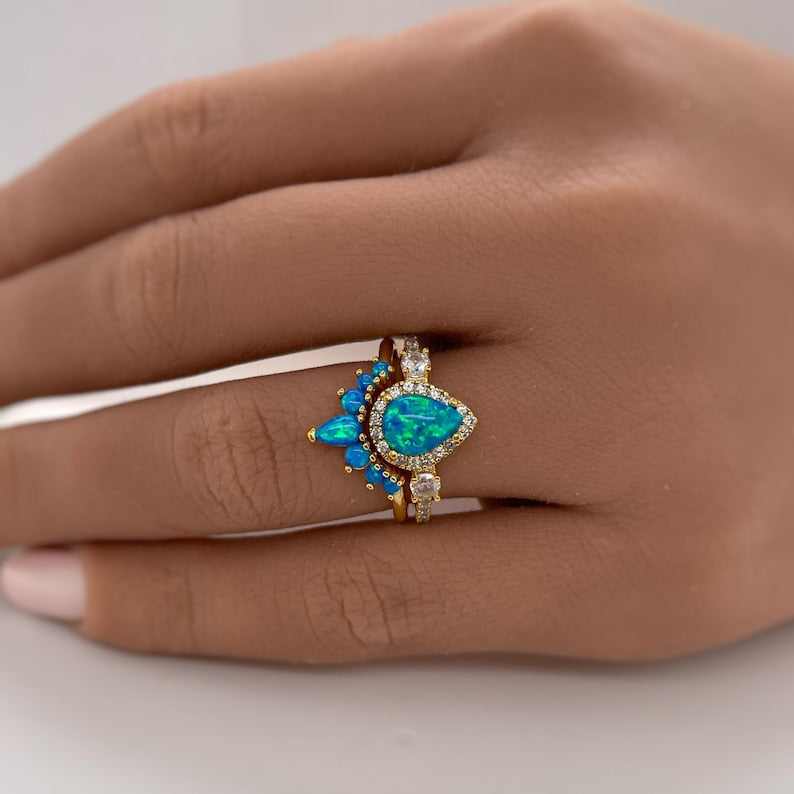 Blue Opal Engagement Ring Set, Art Deco Fitted Blue Opal Ring Set, Opal Bridal Set, Wedding Ring Opal Band, Pear Opal Ring