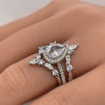 Load image into Gallery viewer, 1.00ct Pear Halo Ring Set, 3 Ring Set, Art Deco Pear Marquise Bands, Teardrop Engagement Ring Set, Wedding Set Sterling Silver with Vermeil