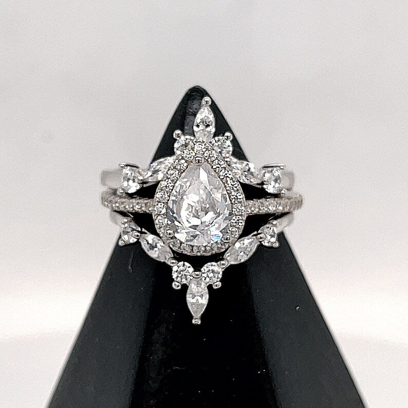 1.00ct Pear Halo Ring Set, 3 Ring Set, Art Deco Pear Marquise Bands, Teardrop Engagement Ring Set, Wedding Set Sterling Silver with Vermeil