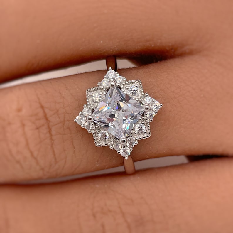 Art Deco Princess Engagement Ring, Princess Diamond, Square Antique Cluster Ring, Wedding Ring Princess Engagement Ring