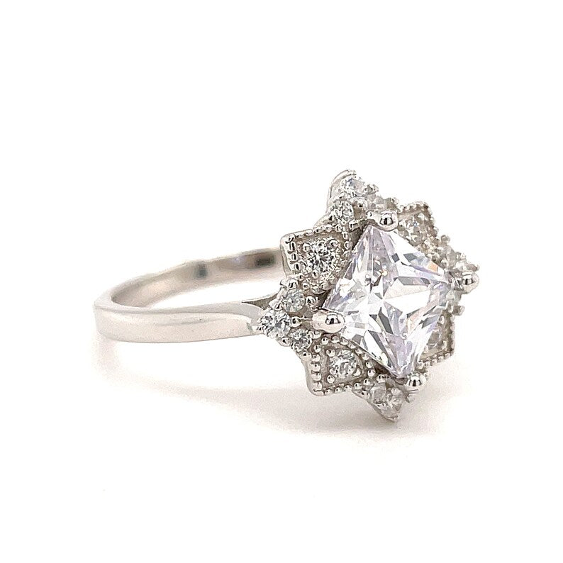 Art Deco Princess Engagement Ring, Princess Diamond, Square Antique Cluster Ring, Wedding Ring Princess Engagement Ring