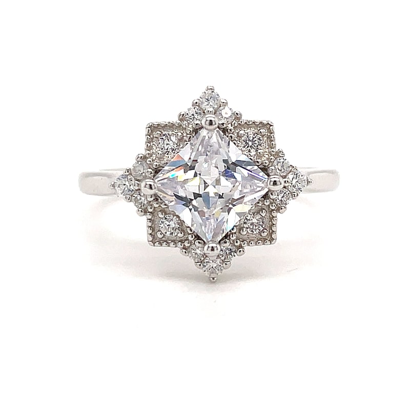 Art Deco Princess Engagement Ring, Princess Diamond, Square Antique Cluster Ring, Wedding Ring Princess Engagement Ring
