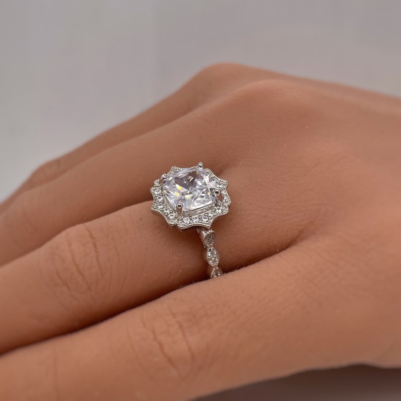 Art Deco Cushion Engagement Ring, Cushion Cut Diamond, Antique Ring, Wedding Ring, Art Deco Halo Proposal Ring