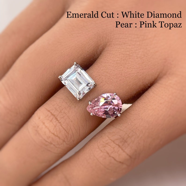 Double Stone Ring, 2 Stone Engagement Ring, Emerald Cut and Pear Cut Statement Ring, Toi et Moi Ring, Sterling Silver with Vermeil