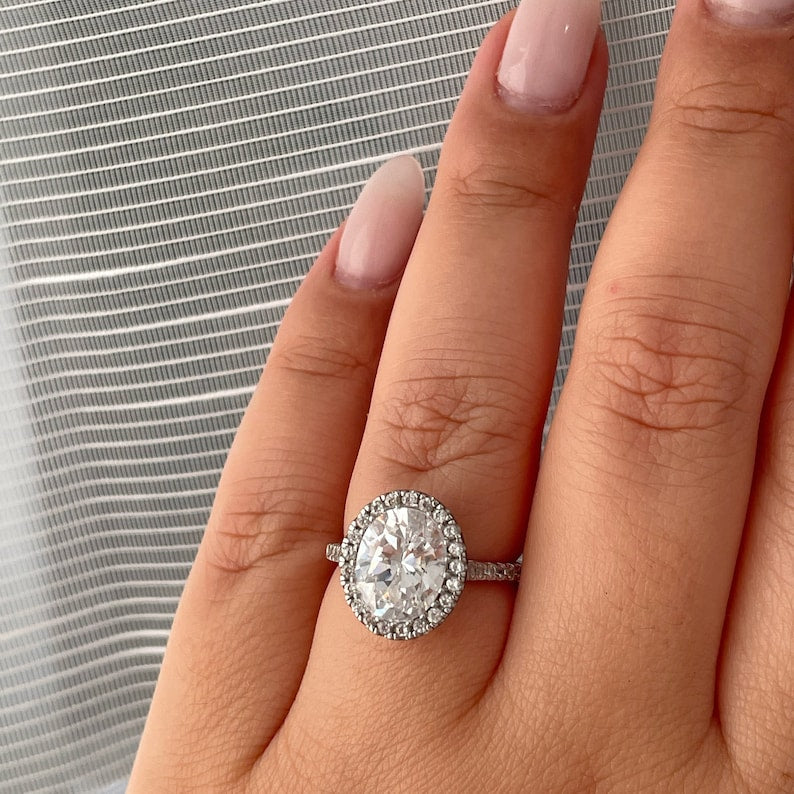3.50ct Oval Diamond Halo Engagement Ring, Simulated Diamond Oval Halo Ring, Oval Statement Ring, Sterling Silver, Gold Vermeil / OLIVIA