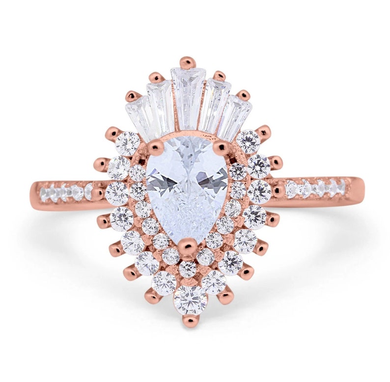 Pear Art Deco Cluster Engagement Ring, Pear Baguette Cluster, Wedding Ring, Simulated Diamonds, Bridal Ring Art Deco