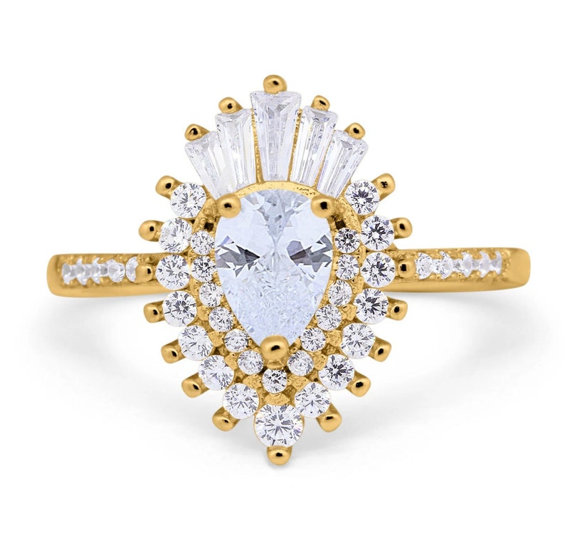 Pear Art Deco Cluster Engagement Ring, Pear Baguette Cluster, Wedding Ring, Simulated Diamonds, Bridal Ring Art Deco