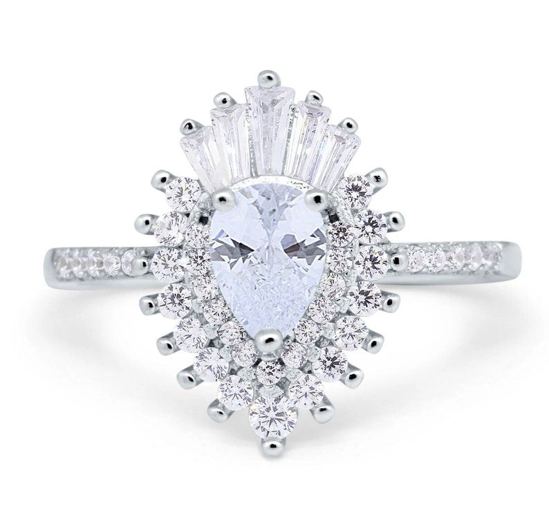 Pear Art Deco Cluster Engagement Ring, Pear Baguette Cluster, Wedding Ring, Simulated Diamonds, Bridal Ring Art Deco
