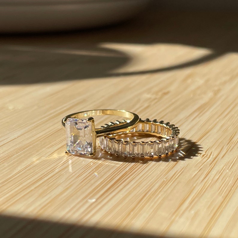 1.75ct Emerald Cut Engagement Ring Set, Baguette Band, Simulated Diamonds, Emerald Cut Set, Sterling Silver with Vermeil, Minimalist Set