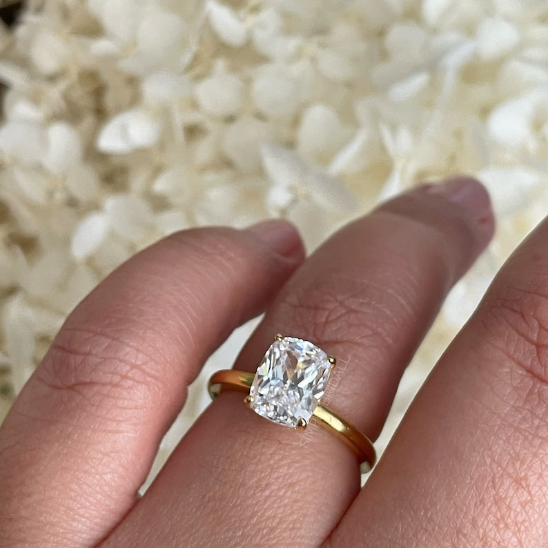 2.50 Elongated Cushion Cut Moissanite Engagement Ring, Solitaire Long Cushion Cut Moissanite Ring, Sterling Silver with Vermeil