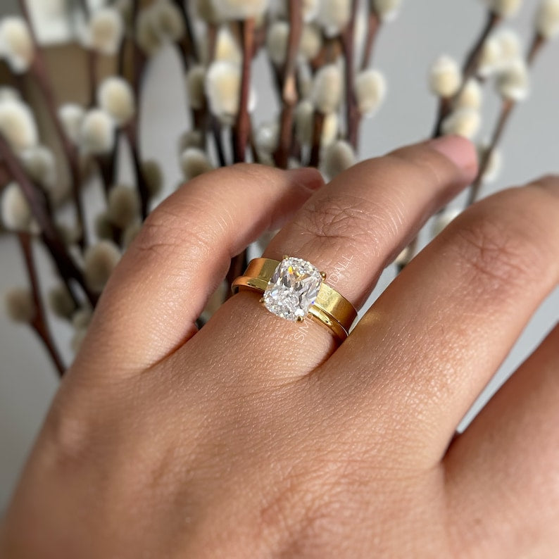 2.50 Elongated Cushion Cut Moissanite Engagement Ring, Solitaire Long Cushion Cut Moissanite Ring, Sterling Silver with Vermeil