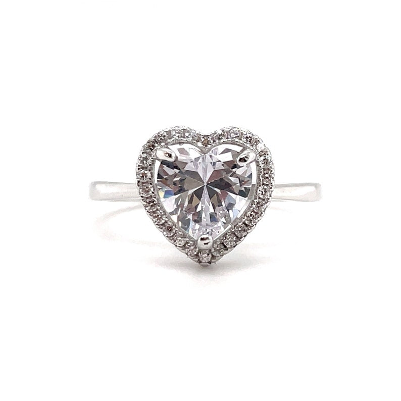 1.00ct Heart Diamond Halo Engagement Ring, Heart Bridal Ring, Proposal Ring, Simple Heart Ring, Sterling Silver with Simulated Diamonds