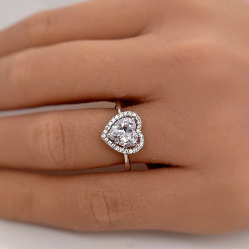 1.00ct Heart Diamond Halo Engagement Ring, Heart Bridal Ring, Proposal Ring, Simple Heart Ring, Sterling Silver with Simulated Diamonds