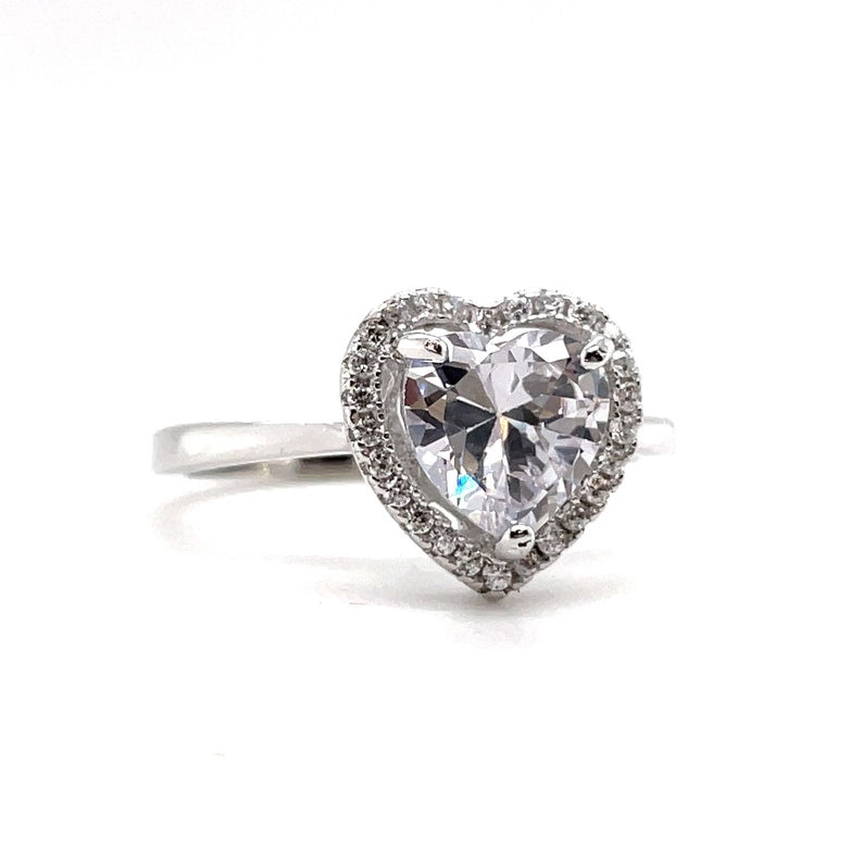 1.00ct Heart Diamond Halo Engagement Ring, Heart Bridal Ring, Proposal Ring, Simple Heart Ring, Sterling Silver with Simulated Diamonds