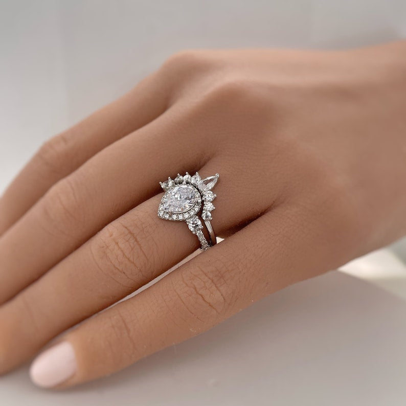 Teardrop Art Deco Engagement Ring Set, Diamond Bridal Set, Art Deco Fitted Ring Set, Sterling Silver, Bridal Ring Set Simulate Diamonds