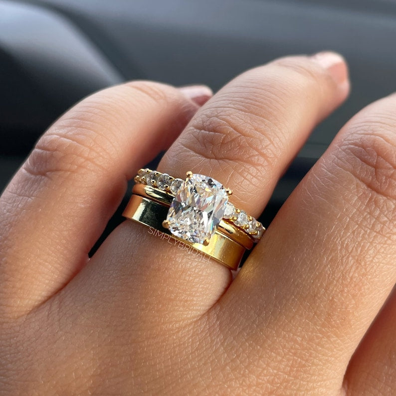 2.50 Elongated Cushion Cut Moissanite Engagement Ring Set, Solitaire Long Cushion Cut Moissanite Ring Set, Sterling Silver with Vermeil