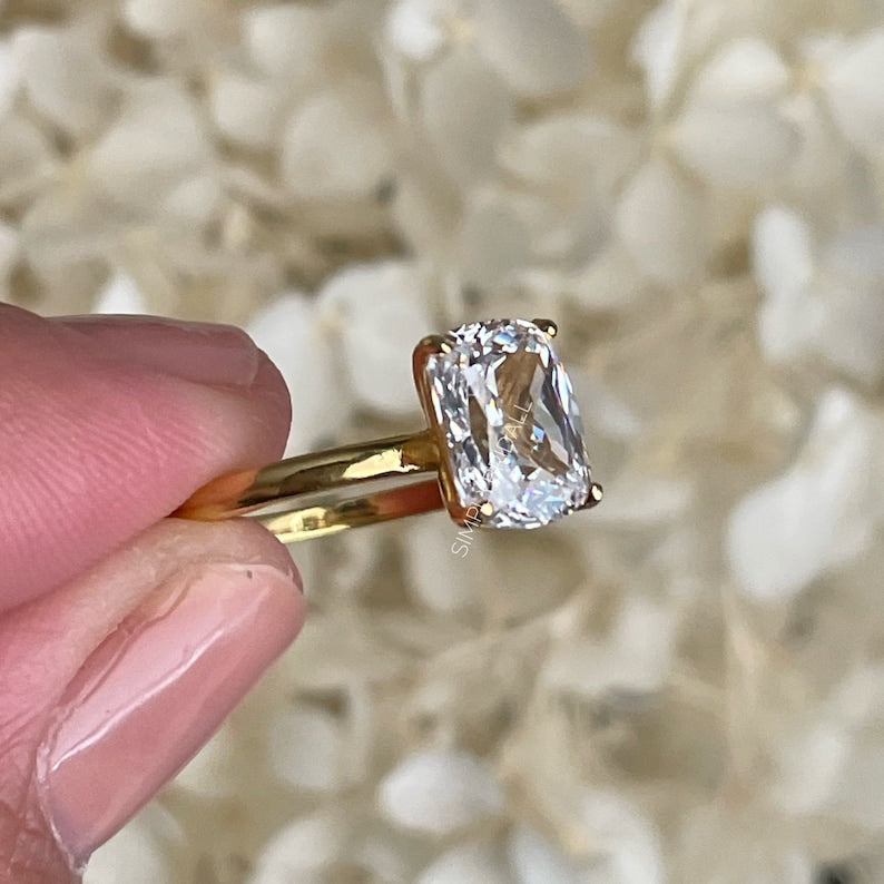 2.50 Elongated Cushion Cut Moissanite Engagement Ring, Solitaire Long Cushion Cut Moissanite Ring, Sterling Silver with Vermeil or 14k Gold