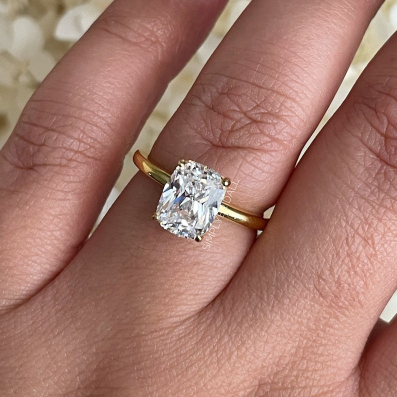 2.50 Elongated Cushion Cut Moissanite Engagement Ring Set, Solitaire Long Cushion Cut Moissanite Ring Set, Sterling Silver with Vermeil