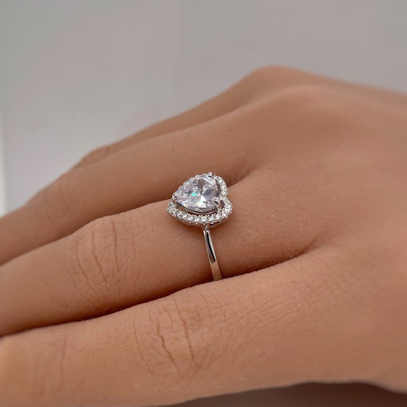 1.00ct Heart Diamond Halo Engagement Ring, Heart Bridal Ring, Proposal Ring, Simple Heart Ring, Sterling Silver with Simulated Diamonds
