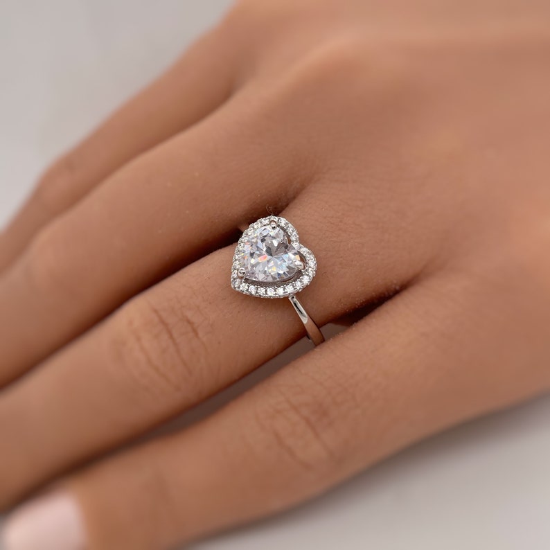 1.00ct Heart Diamond Halo Engagement Ring, Heart Bridal Ring, Proposal Ring, Simple Heart Ring, Sterling Silver with Simulated Diamonds