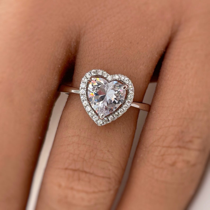 1.00ct Heart Diamond Halo Engagement Ring, Heart Bridal Ring, Proposal Ring, Simple Heart Ring, Sterling Silver with Simulated Diamonds