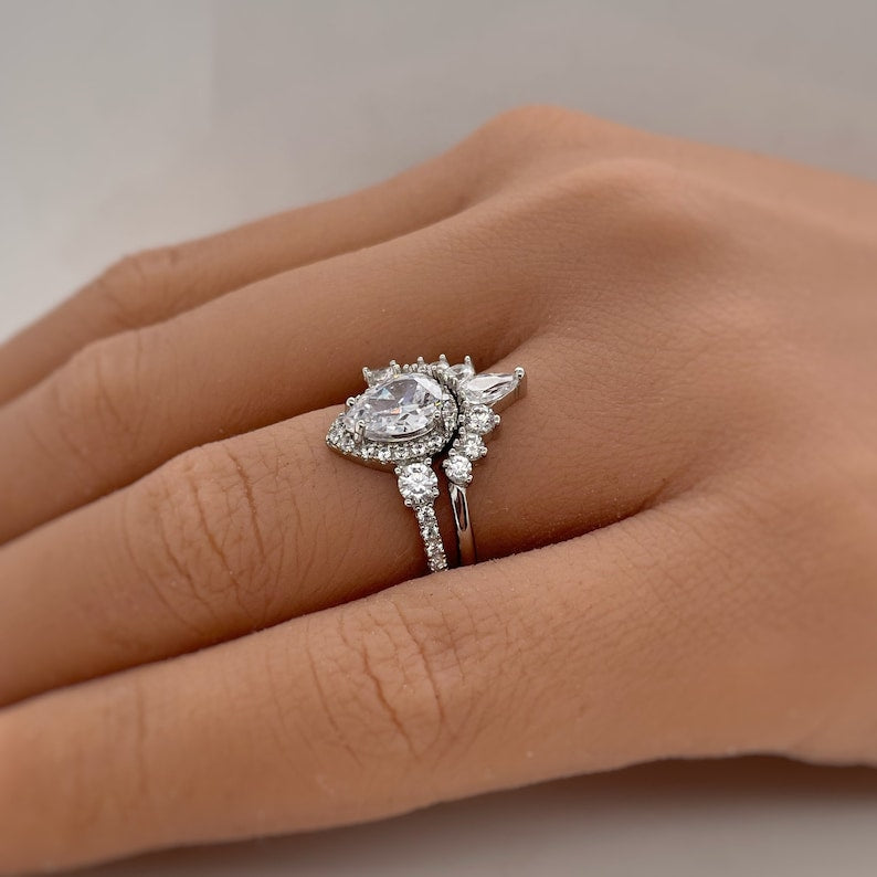 Teardrop Art Deco Engagement Ring Set, Diamond Bridal Set, Art Deco Fitted Ring Set, Sterling Silver, Bridal Ring Set Simulate Diamonds